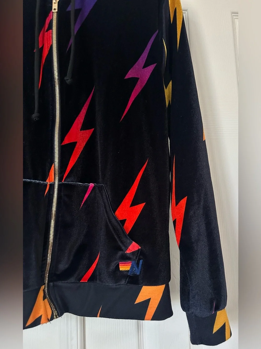 Aviator Nation Black Velvet Hoodie and pants set Multicolor Lightning Bolt